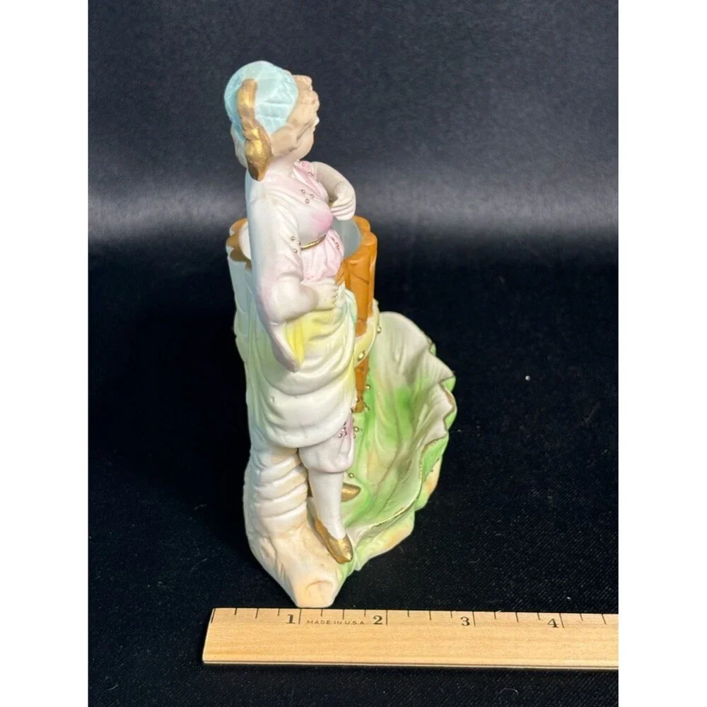 Vintage Occupied Japan Porcelain Bisque Victorian Woman Vase By Paulux 6.5”